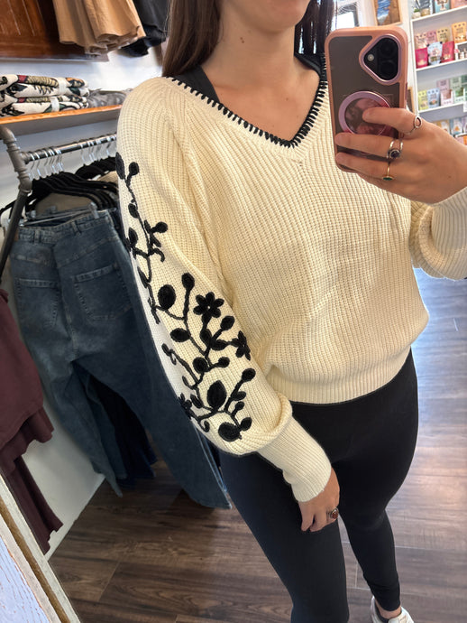 Pavia Sweater - Embroidered Sleeves - Blakc/Beige