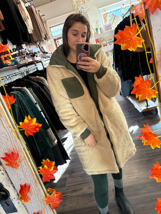 Reversible Sherpa Lined Coat - Thyme