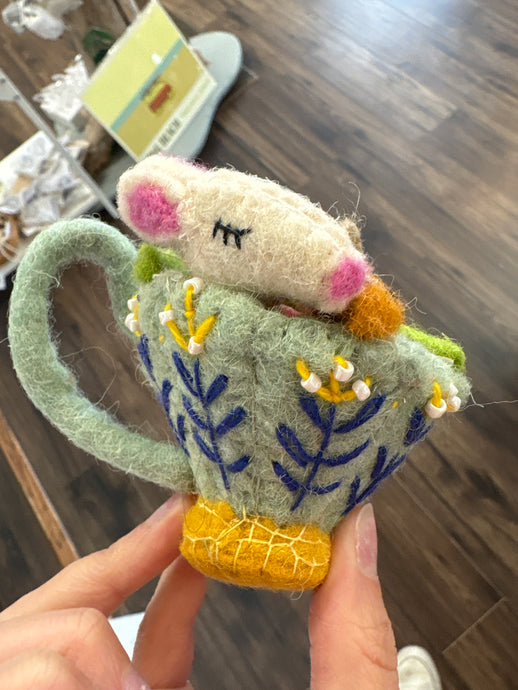 Wool Felted Sleeping Mouse In Teacup