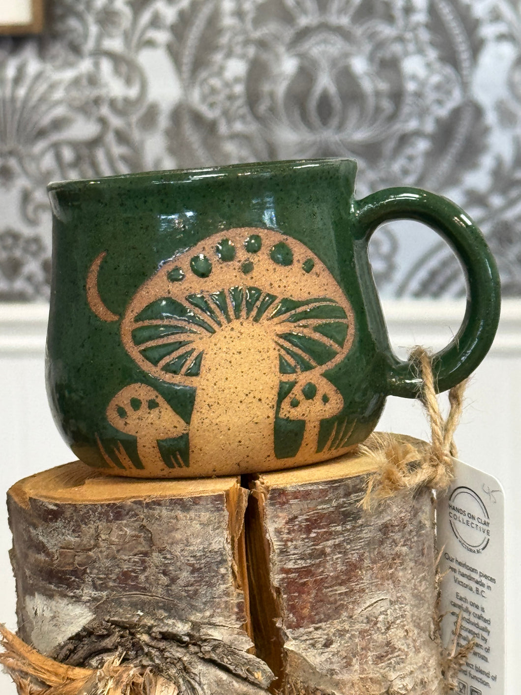 Small Green Mug With Mushrooms - Hands on Clay