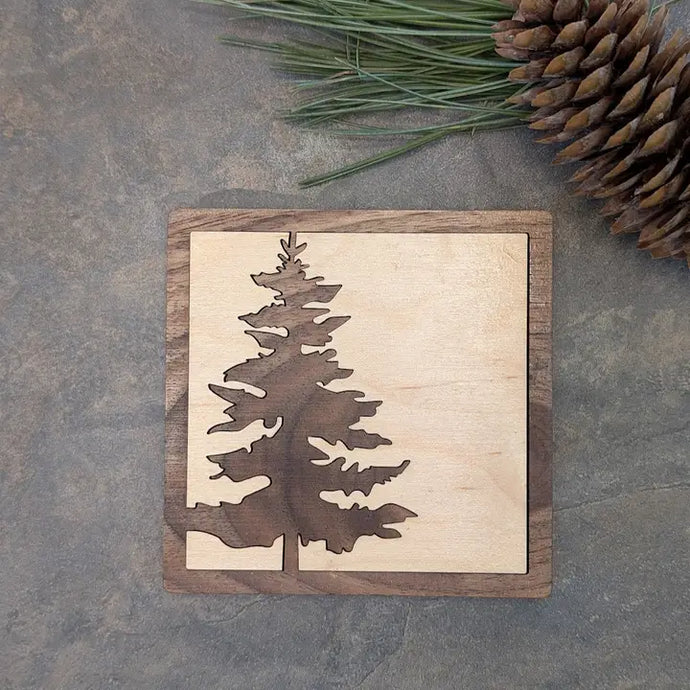 Pine Tree Inlay Wood Coaster