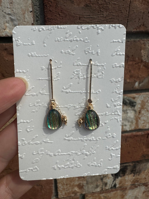 Gold Filled Earrings with Green Dichroic Glass