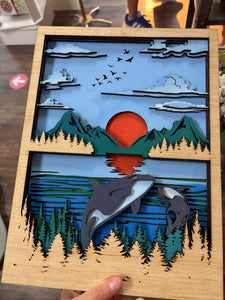 Wood Layered Sunset with Killer Whales  - Havana Art