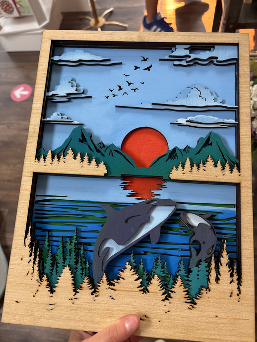 Wood Layered Sunset with Killer Whales  - Havana Art