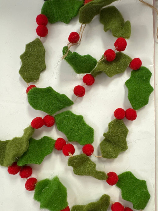 Garland with Felt Green Holly Leaves and Red Berries