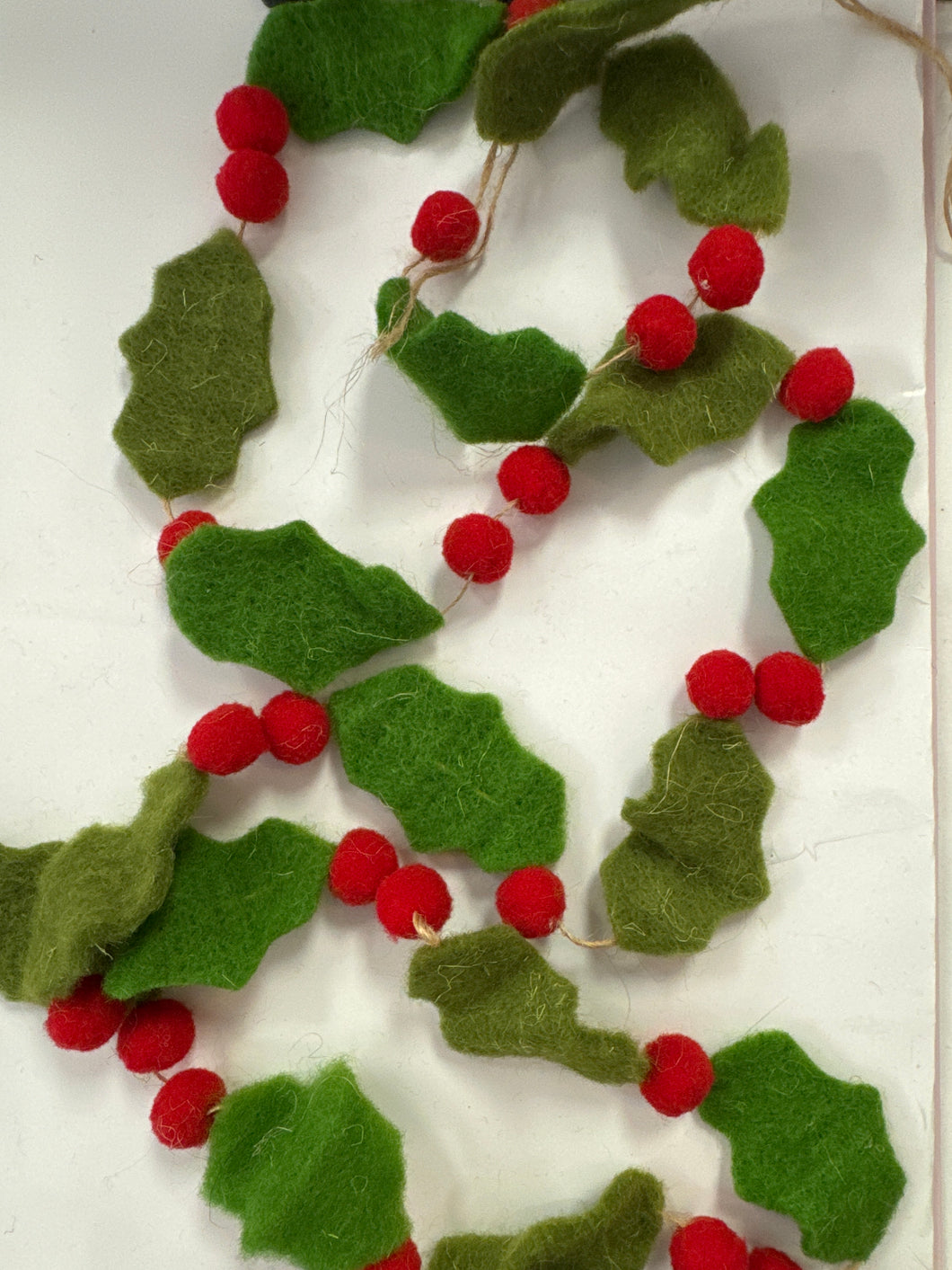 Garland with Felt Green Holly Leaves and Red Berries