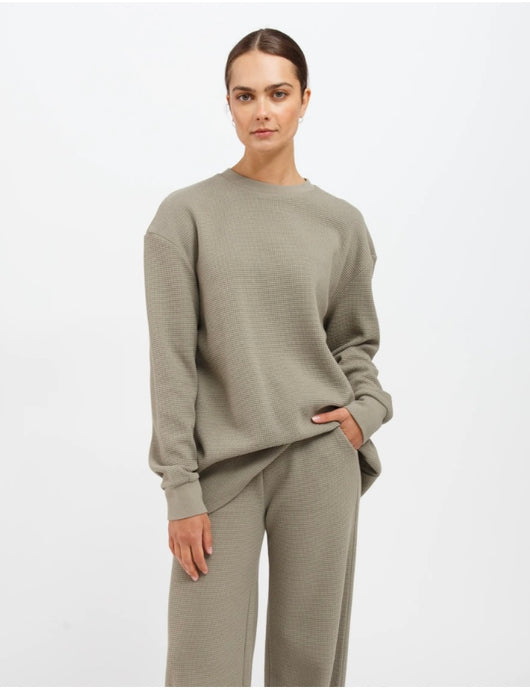 Waffle Knit Long Sleeve Boxy Tee - Olive - Brunette The Label