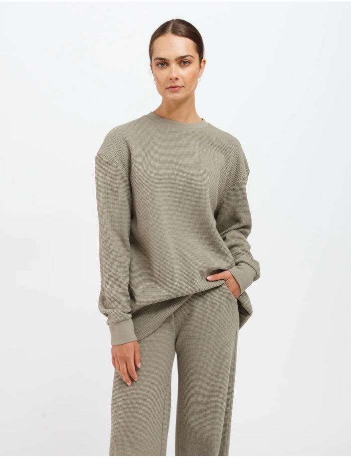 Waffle Knit Long Sleeve Boxy Tee - Olive - Brunette The Label