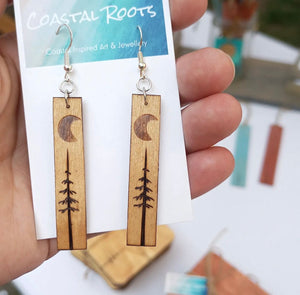 Wood Burned Moon Tree Earrings