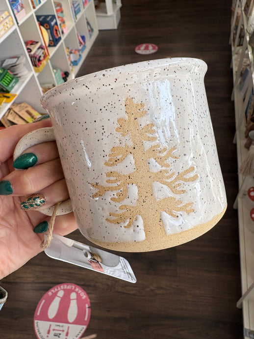 White Speckled and Beige Tree Mug - Pottery