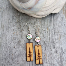 Load image into Gallery viewer, Wood Burned Tree Earrings With Abalone