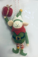 Load image into Gallery viewer, Assorted Felted Elf Mouse Holding String of Lights or presents Ornament