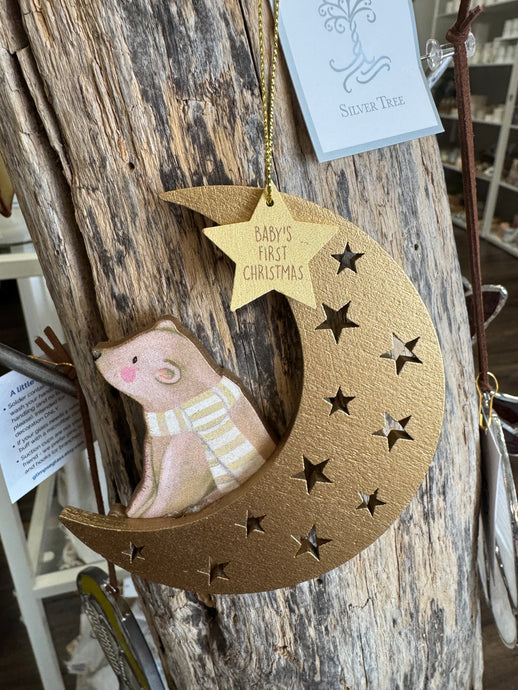 Painted Wood Bear Sitting on Crescent Moons with a Star