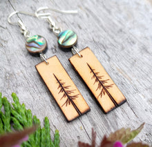 Load image into Gallery viewer, Wood Burned Tree Earrings With Abalone