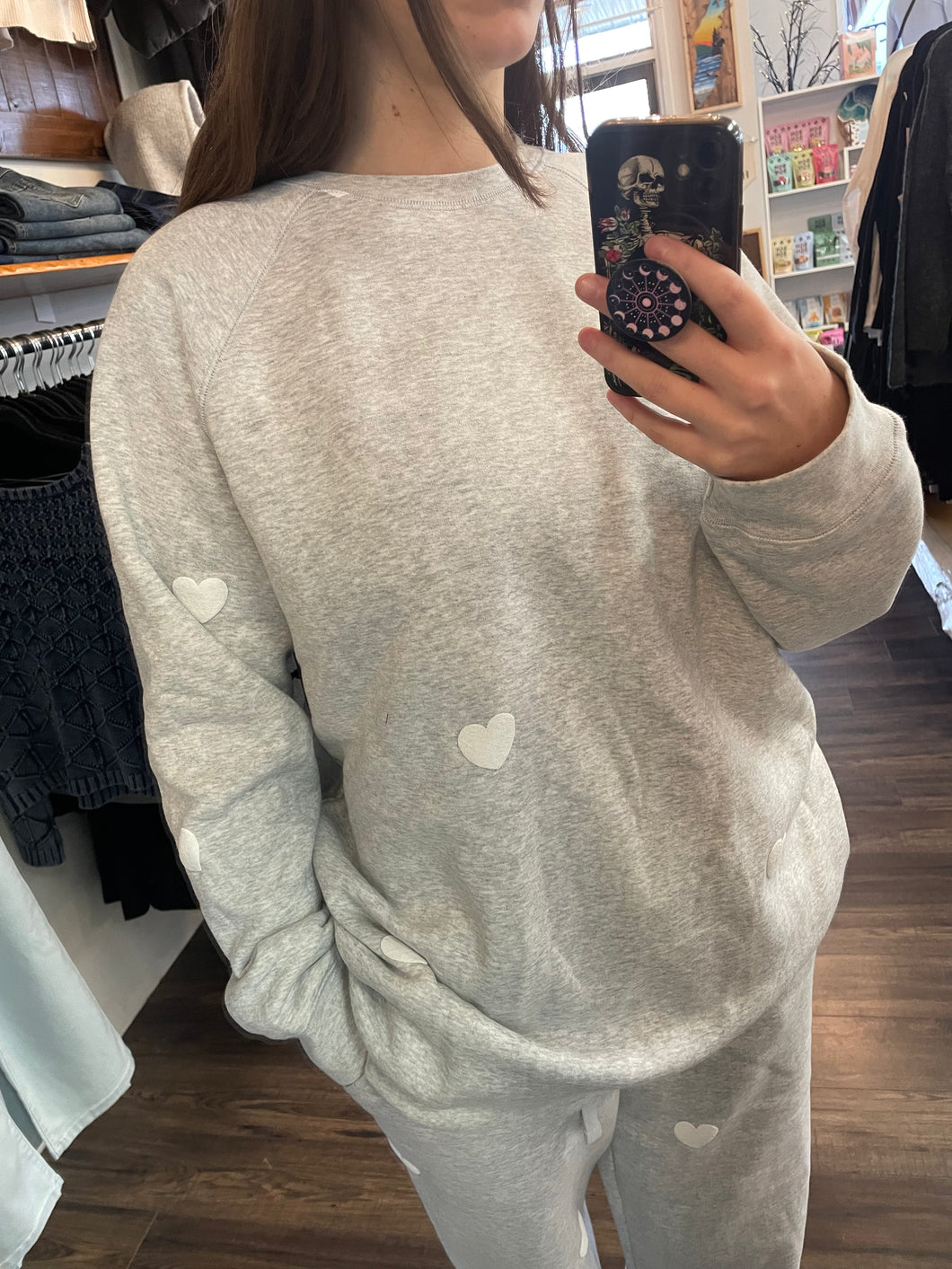 All Over Heart Oversized Crew Neck - Pebble Grey with White - Brunette The Label