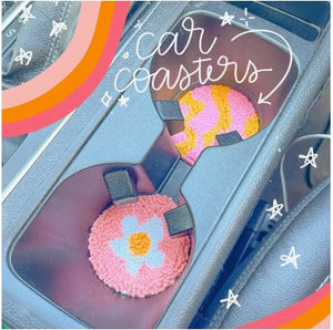 Punch Needle Car Coasters - Pink Daisy