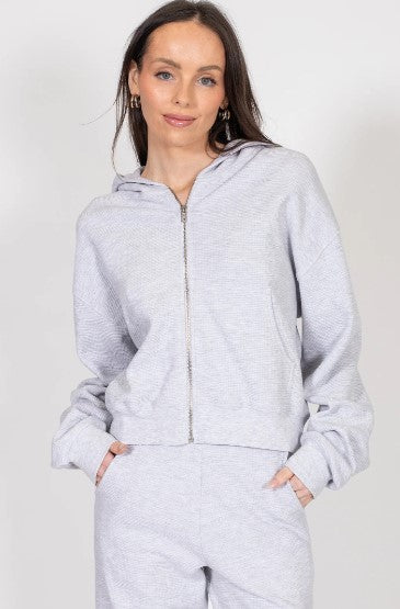 Waffle Knit Full Zip Middle Sister Hoodie - Pebble Grey - Brunette The Label