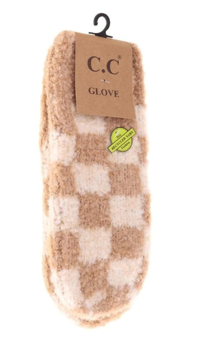 Checkered Boucle Mittens - Beige/Camel