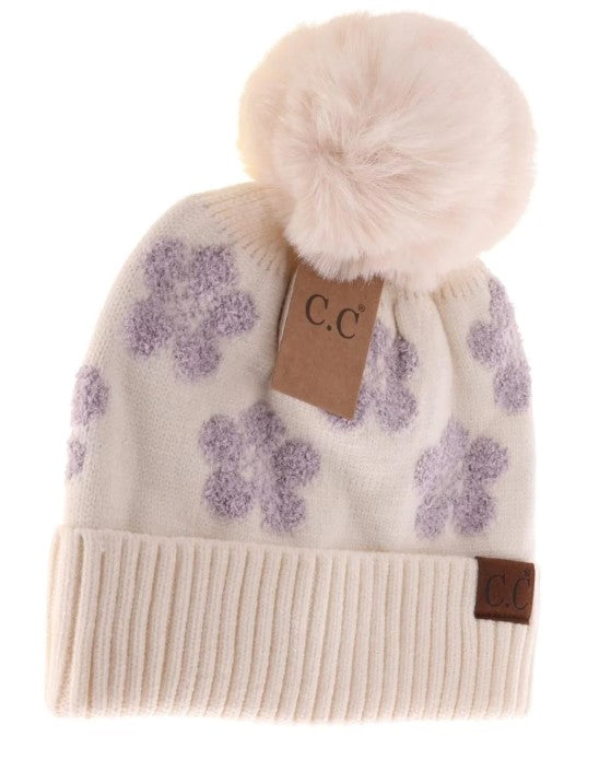Daisy Patterned Faux Fur Beanie with Pom - Lavender