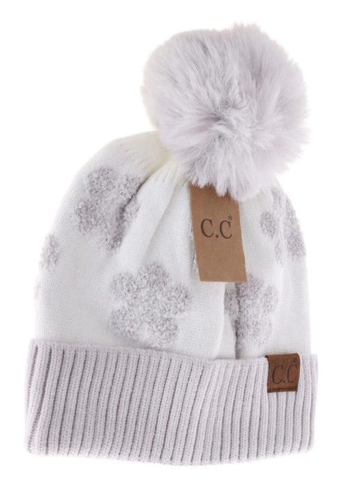 Daisy Patterned Faux Fur Beanie with Pom - Light Grey