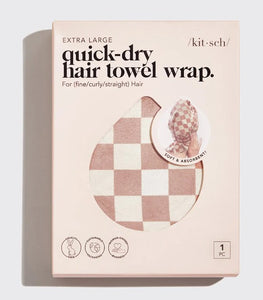 Extra Large Quick-Dry Hair Towel Wrap - Terracotta Checker - Kitsch