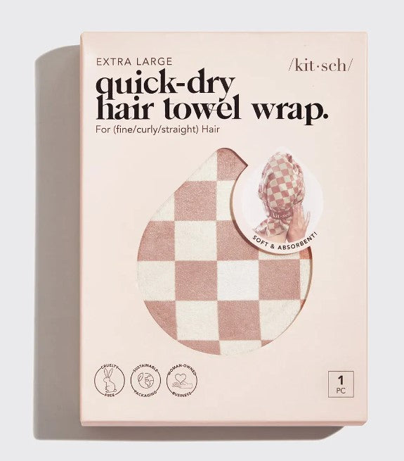 Extra Large Quick-Dry Hair Towel Wrap - Terracotta Checker - Kitsch