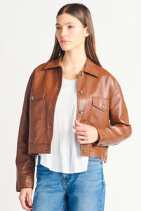 Button Front Faux Leather Jacket - Medium Brown - Dex