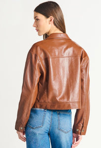 Button Front Faux Leather Jacket - Medium Brown - Dex