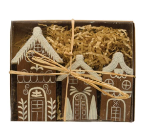 Hand-Painted Pine Wood Houses with Faux Snow (Set of 3)