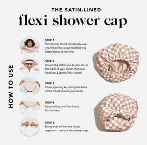 Satin Lined Flexi Shower Cap - Terracotta Checker - Kitsch