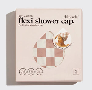 Satin Lined Flexi Shower Cap - Terracotta Checker - Kitsch