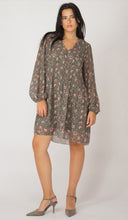 Load image into Gallery viewer, Long Sleeve Pleated A-Line Dress - Green/Blush Floral - Black Tape