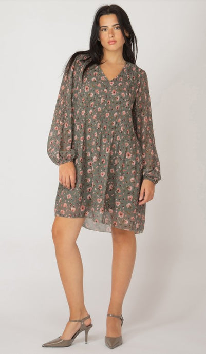 Long Sleeve Pleated A-Line Dress - Green/Blush Floral - Black Tape