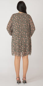 Long Sleeve Pleated A-Line Dress - Green/Blush Floral - Black Tape