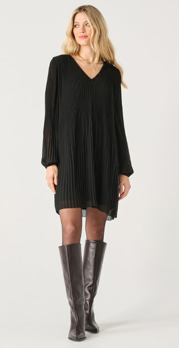 Long Sleeve Pleated A-Line Dress - Black - Black Tape