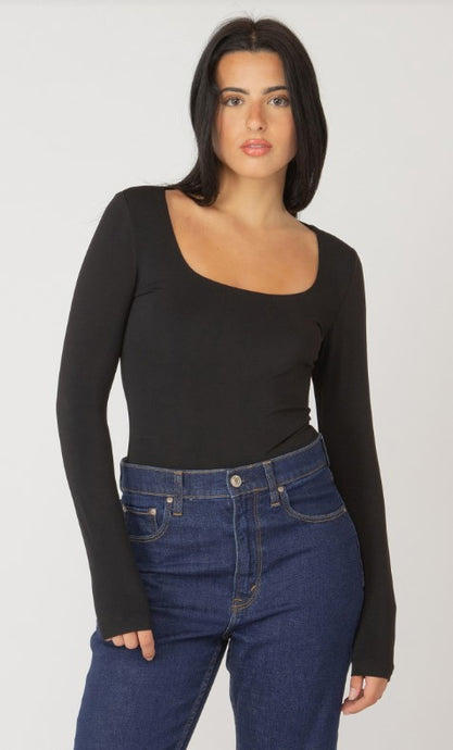 Long Sleeve Square Neck Top - Black - Black Tape