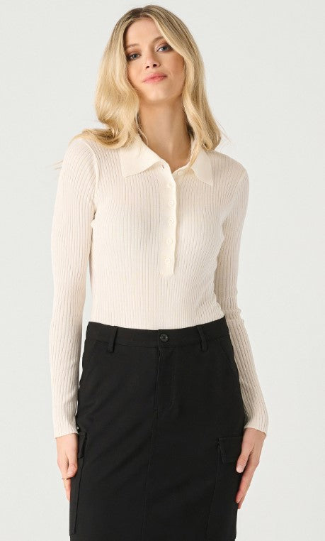 Long Sleeve Ribbed Polo Top - Pearl - Black Tape