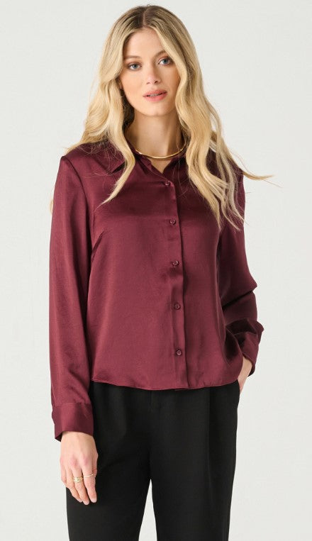 Long Sleeve Flowy Satin Blouse - Deep Burgundy - Black Tape