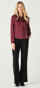 Long Sleeve Flowy Satin Blouse - Deep Burgundy - Black Tape