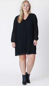 Long Sleeve Pleated A-Line Dress - Black - Dex Plus