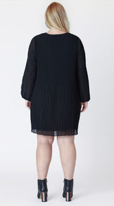 Long Sleeve Pleated A-Line Dress - Black - Dex Plus