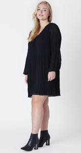 Long Sleeve Pleated A-Line Dress - Black - Dex Plus