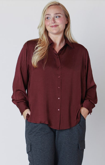 Long Sleeve Flowy Satin Blouse - Deep Burgundy - Dex Plus