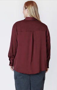 Long Sleeve Flowy Satin Blouse - Deep Burgundy - Dex Plus