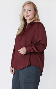 Long Sleeve Flowy Satin Blouse - Deep Burgundy - Dex Plus