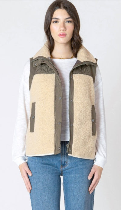 Mixed Fabric Vest - Olive/Tan