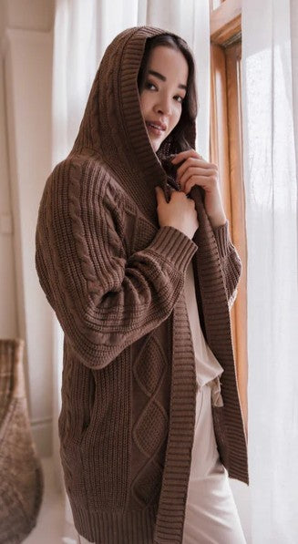 Olivia Hooded Cable Cardigan - Cocoa