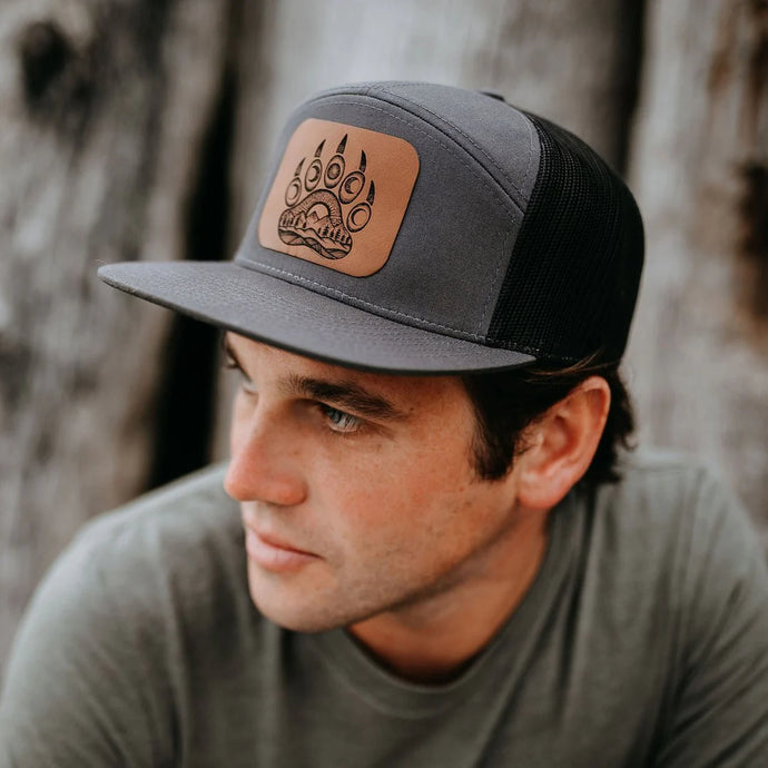 Bear Paw Flat Brim 7 Panel Trucker Hat - Charcoal/Black