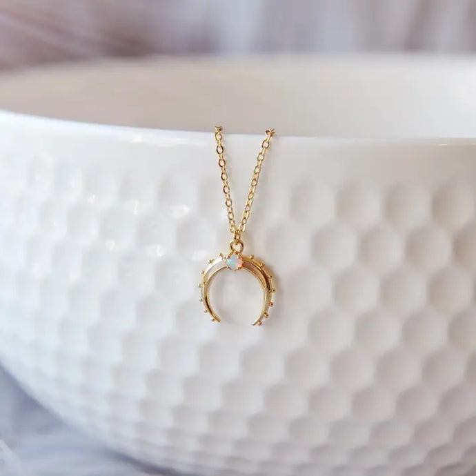 Opal Crescent Moon Necklace - Gold - Oh So Lovely