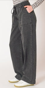 Wide Leg Denim Pants - Washed Black